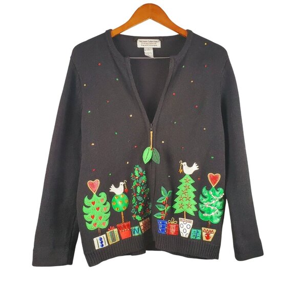 Heirloom Collectibles Christmas Collection Beaded Zip Sweater Sz M Detach Collar - Picture 3 of 9